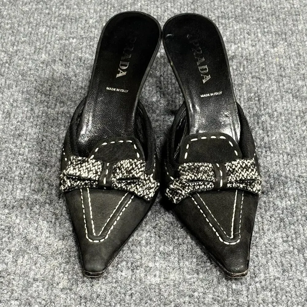 Prada Shoes Womens 6 EU 36 Black Suede Whipstitch Bow Mule Kitten Heels Italy